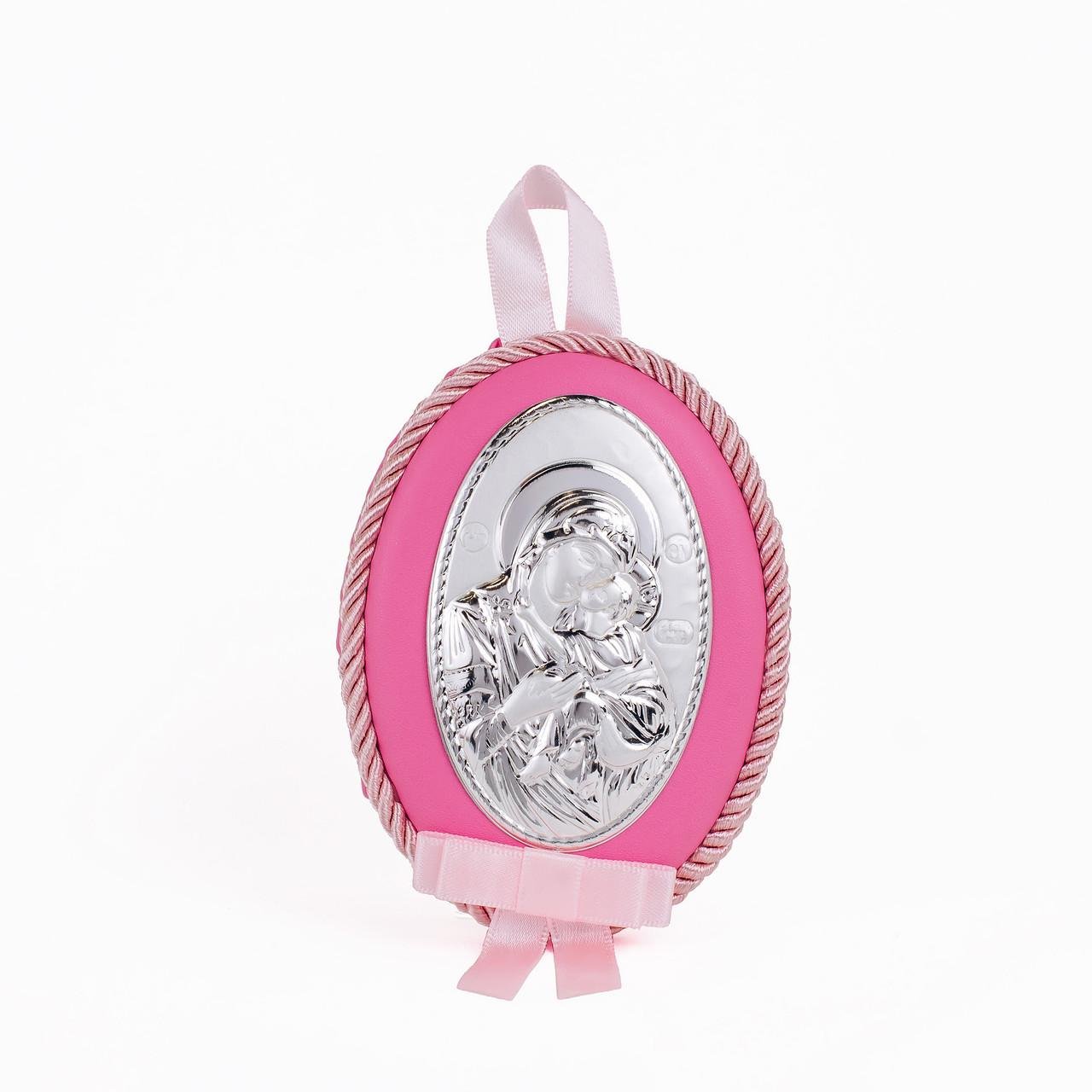 Дитяча Іконка Божа Матір Розчулення Солодке Цілування на рожевій подушечці в сріблі 8х11 см