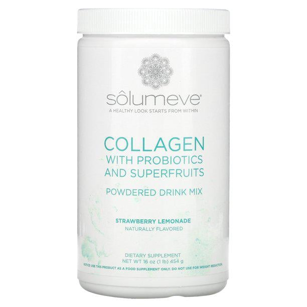Коллаген Solumeve Collagen with Probiotics and Superfruits Powdered Drink Mix с пробиотиками и смесью суперфруктов Strawberry Lemonade 454 g