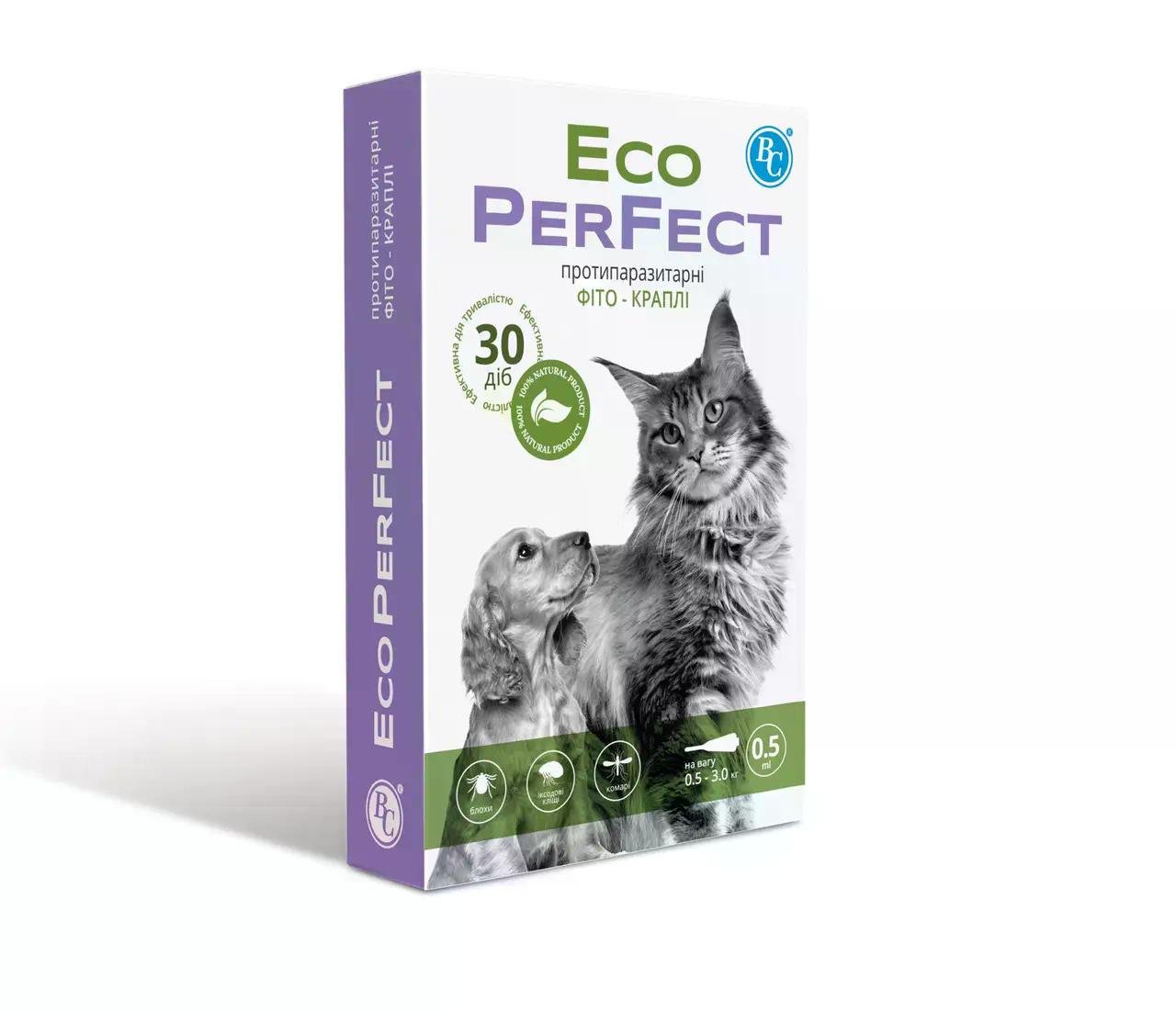 Фито-капли противопаразитарные Eco PerFect от блох клещей и комаров для кошек и собак на вес 0,5-3 кг 4 шт.