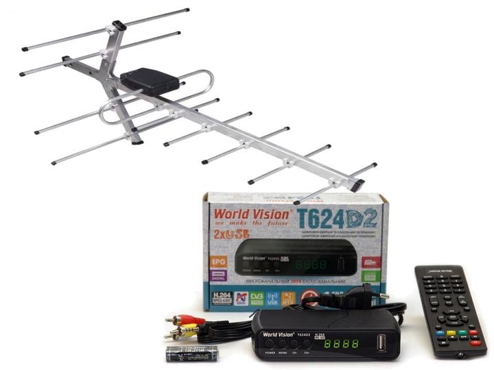 Комплект DVB-T2Тюнер/ресивер World Vision WV Т624D2/внешняя ТВ антенна Волна 1-0.6 50 км