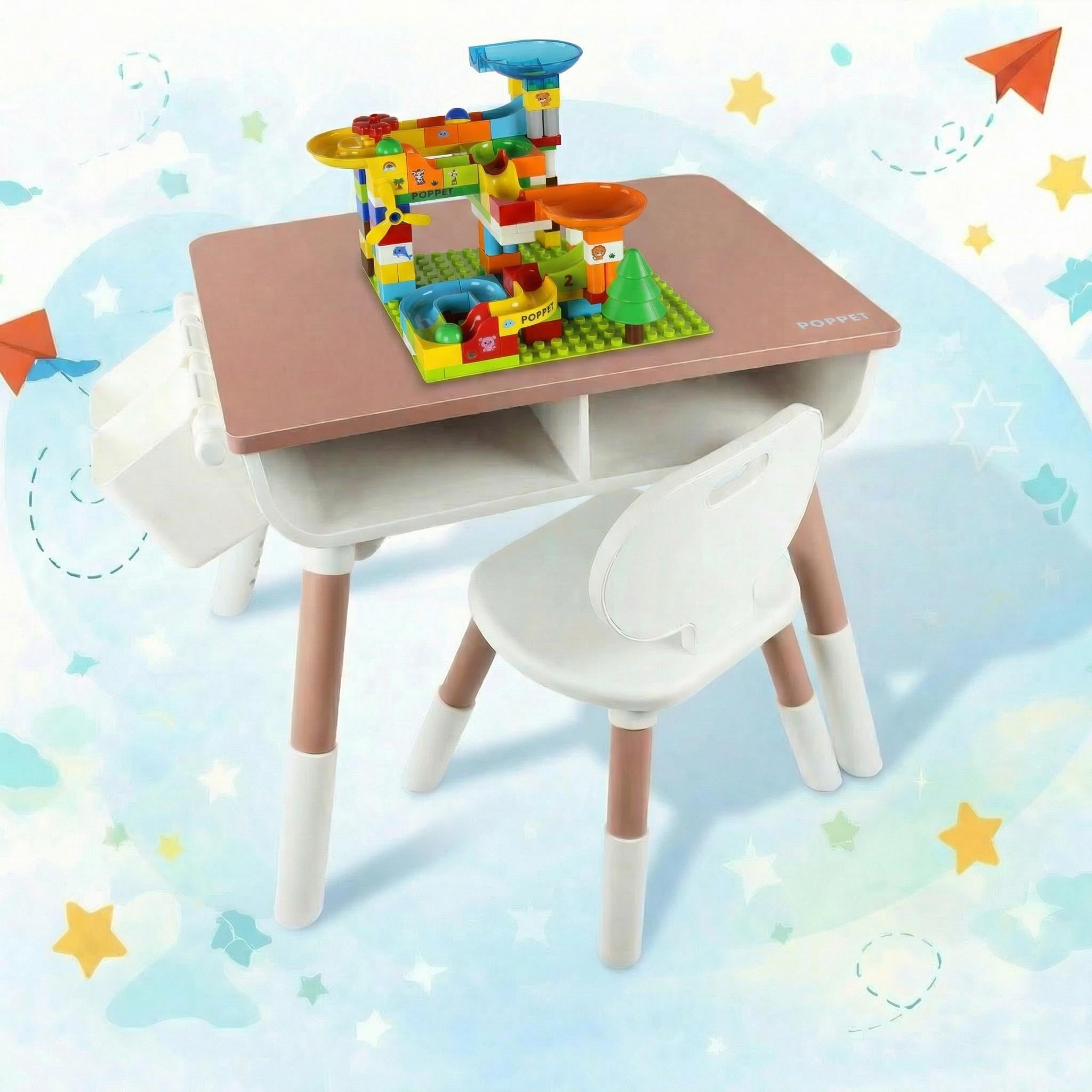 Столик детский со стульчиком Poppet Мультивуд 3в1 и конструктор Крутые виражи с горкой Коралловый (PP-SET-010CP-04)
