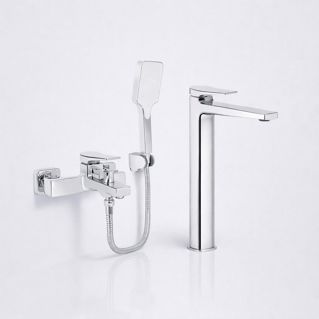 Комплект для ванной Qtap Nando Chrome смеситель для ванны с душевым гарнитуром и смеситель для раковины высокий латунь