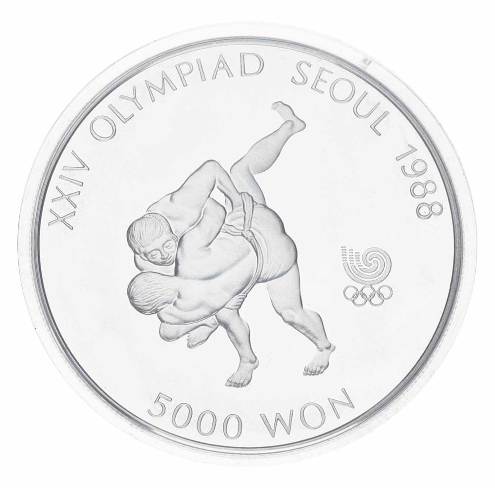 Коллекционная монета Южная Корея 5000 вон 1988 Серебро Proof XXIV летние Олимпийские игры в р. Сеул 1988-Борьба (М23342)
