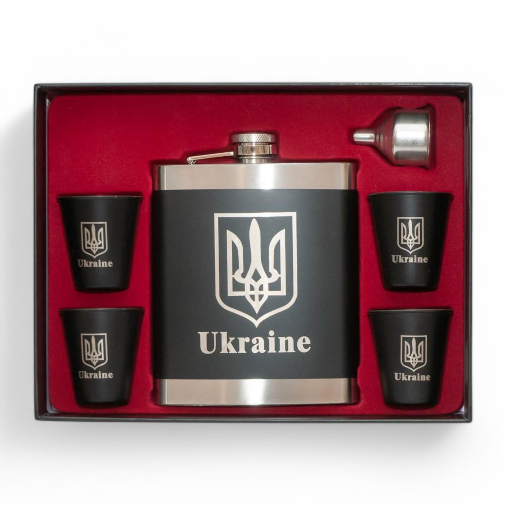 Набор фляга с рюмками UKRAINE FLG 18/603UKR патриотический из нержавеющей стали 6 пр. в подарочной коробке
