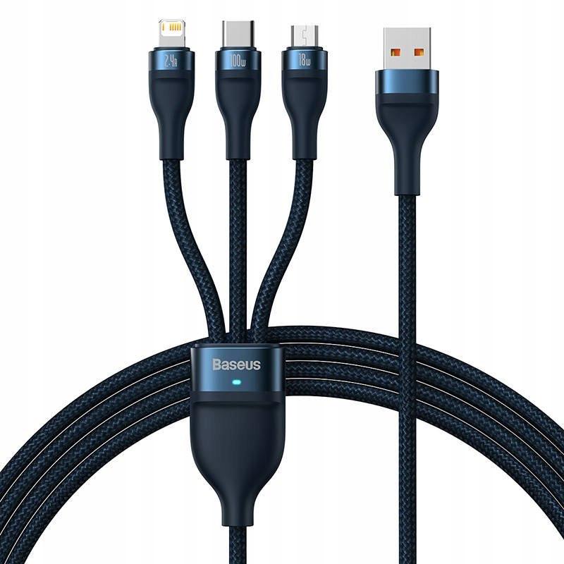 Кабель BASEUS CASS030003 Flash Series Ⅱ Fast Charging Data Cable USB Micro/Lightning/Type-C 5 A 100 W 1,2 м Blue (567526)