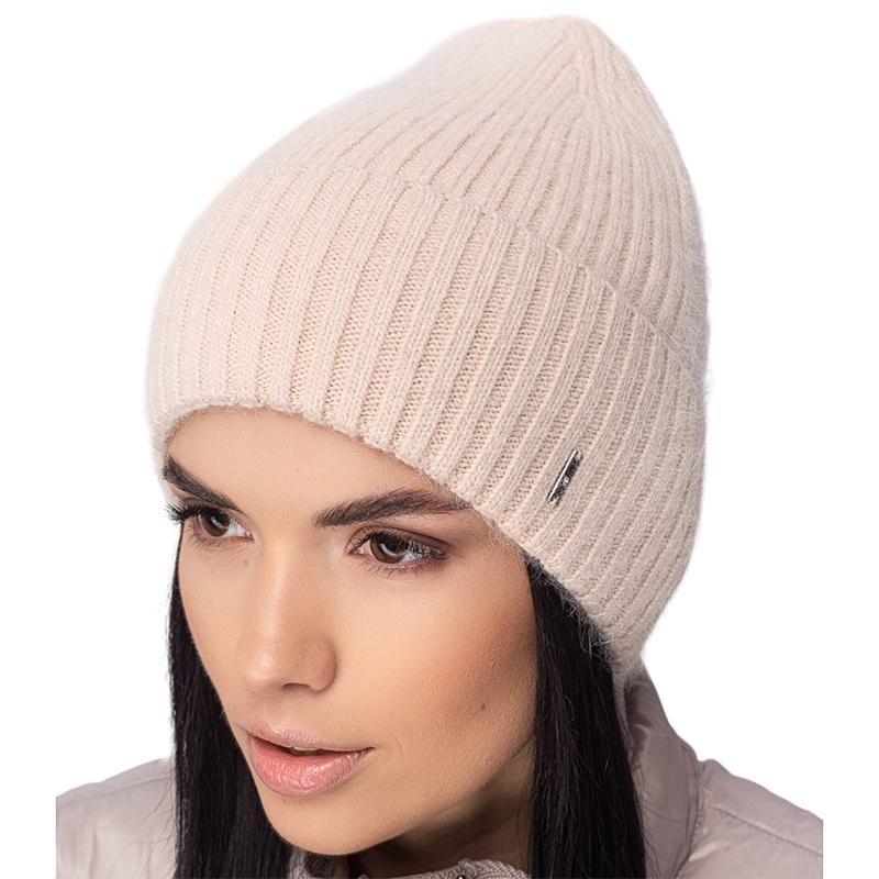 Шапка ангоровая Leks МАГИЯ одинарная с отворотом без подкладки в рубчик one size Светло-бежевый