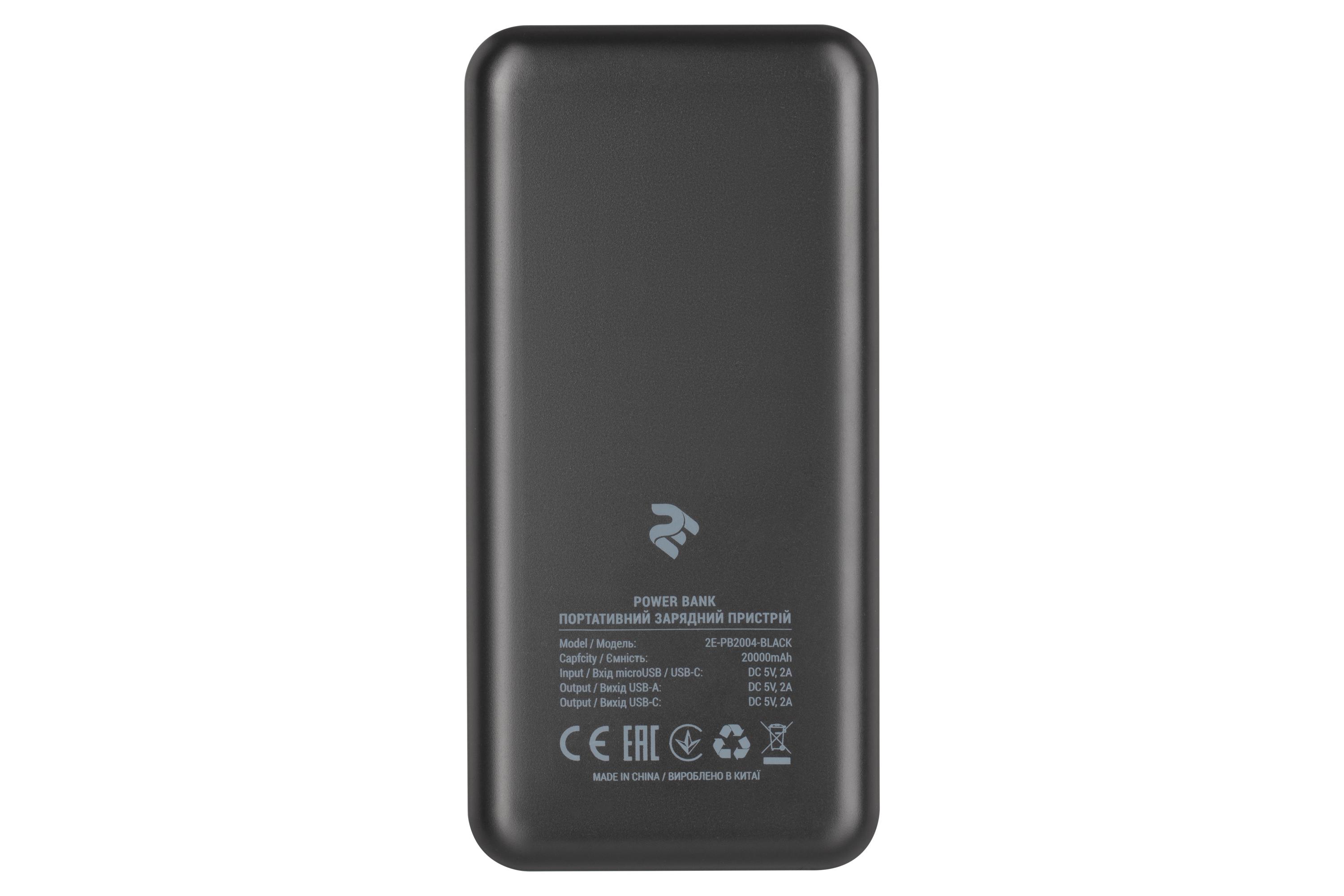 ᐉ Повербанк 2E 20000 mAh MicroUSB/Type-C/USB-А DC 5V 2,1 A 2E-PB2004 Black  (574334) • Купить в Киеве, Украине • Лучшая цена в Эпицентр