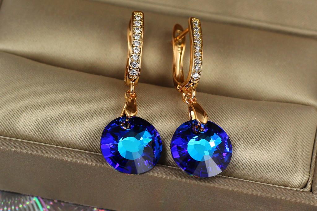 Серьги Xuping Jewelry Подвески круглый камень 3,5 см Золотистый/синий хамелеон