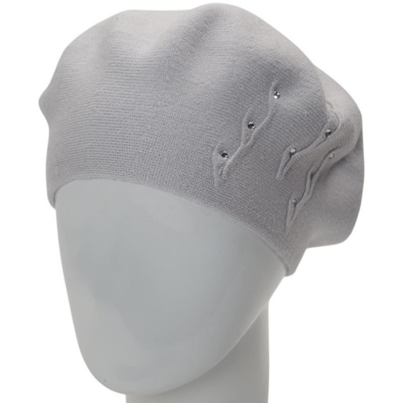 Берет жіночий віскозний подвійний Novita Флоріна з візерунком збоку та стразами Сіро-блакитний