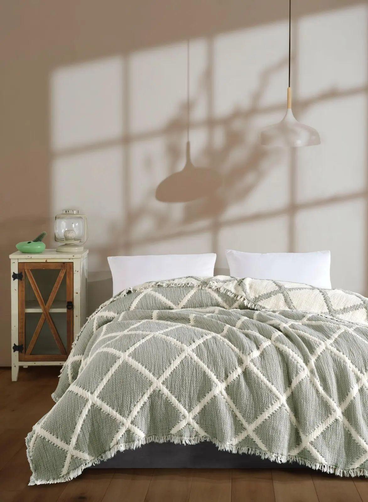 Покрывало муслиновое пятислойное для двуспальной кровати Ivory с жаккардовым узором 230х250 см Зеленый (opt-105971)