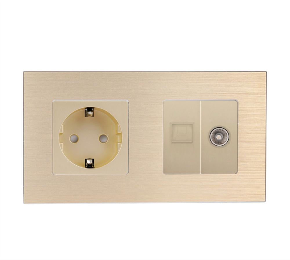 Розетка настенная WALLPAD силовая/интернет RJ-45/ТВ дизайнерская алюминиевая рамка Золотой (WP-M2FCAT6PTY-GD)