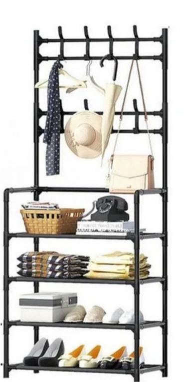 Вішалка для одягу в передпокій з полицями для взуття Simple floor clothes rack Чорний - фото 2