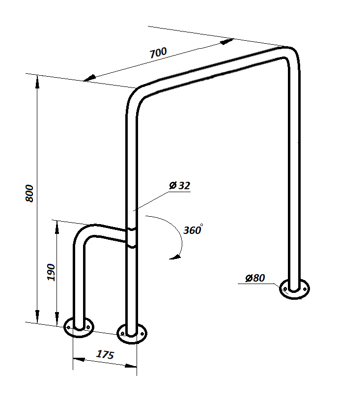 Поручень в туалет П-образный с поворотной ножкой 360° 32-800х700 мм - фото 3