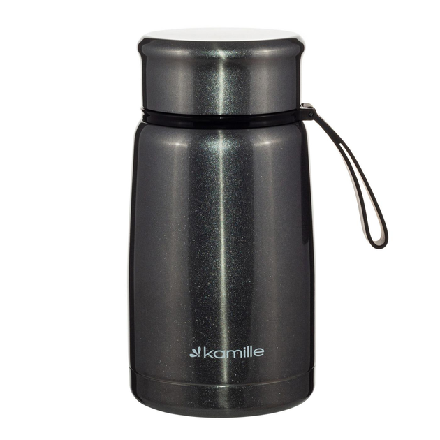 Термос пищевой Kamille KM-2148 из нержавеющей стали 800 мл с ложкой и ремешком Серебряный (150-84-2148.1)
