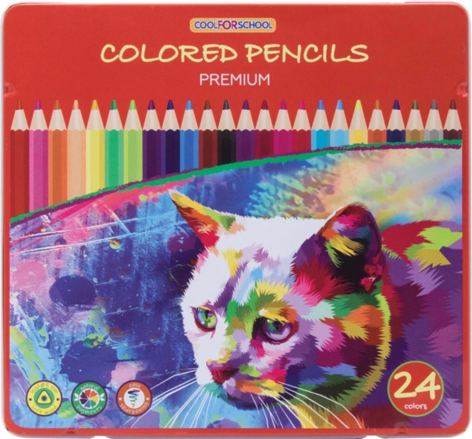 Карандаши цветные Cool for school Premium трехгранные 24 цвета в металлической коробке