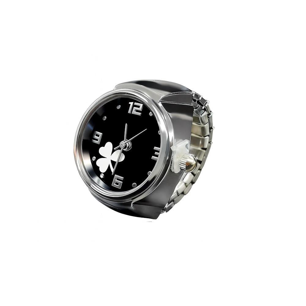 Кольцо-часы на палец Клевер Серебристый с черным (3000004269)