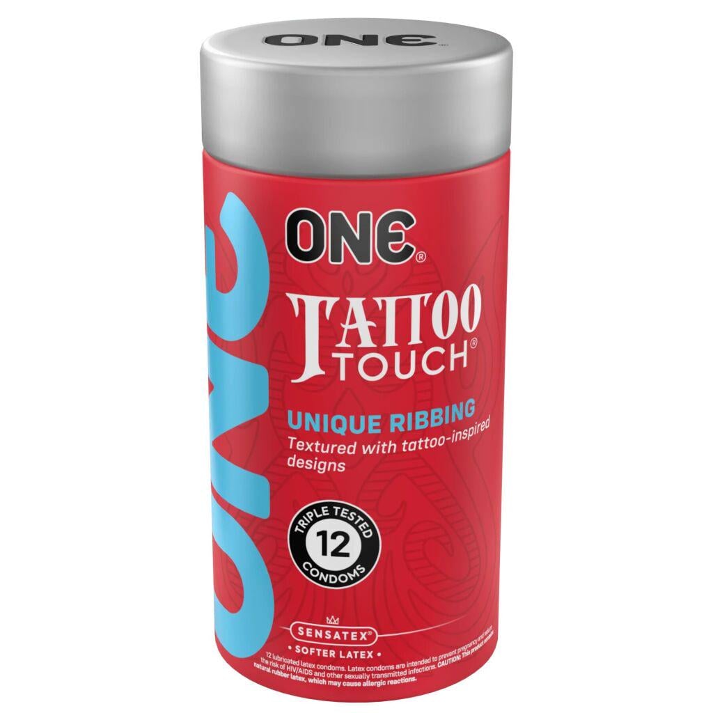Презервативи ONE Tattoo Touch 12 шт. рельєф у вигляді тату 3 різновиди подарункове паковання-тубус (SX0790)