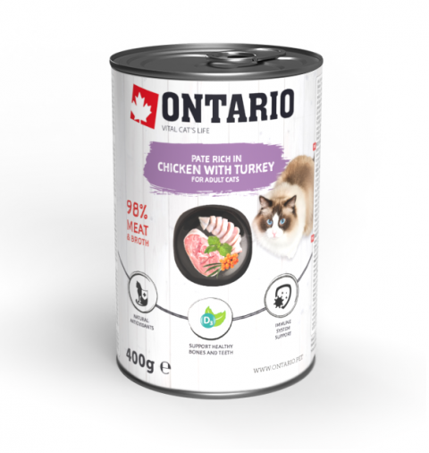 Консервы для кошек Ontario Cat can Chicken with Turkey flavoured with Sea Buckthorn с курицей/индейкой с облепихой 400 г (213-21137)