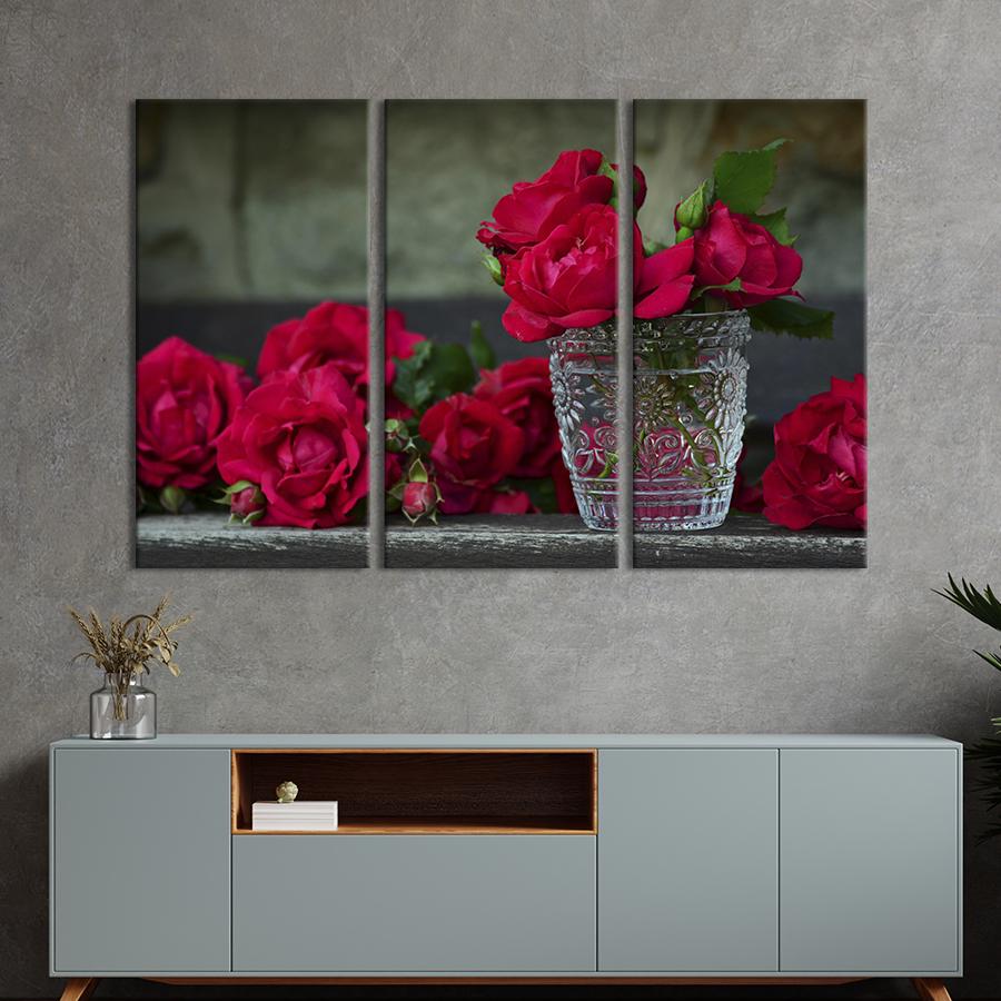 Картина на холсте триптих Розы и хрустальная ваза 156x100 см (984-31)