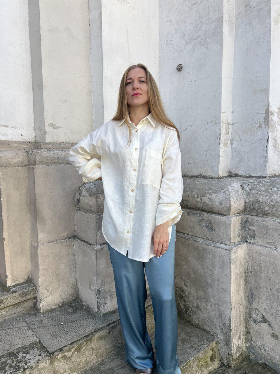 Сорочка подовжена VSlatinina оверсайз з натурального льону М Молочний (01234567830)