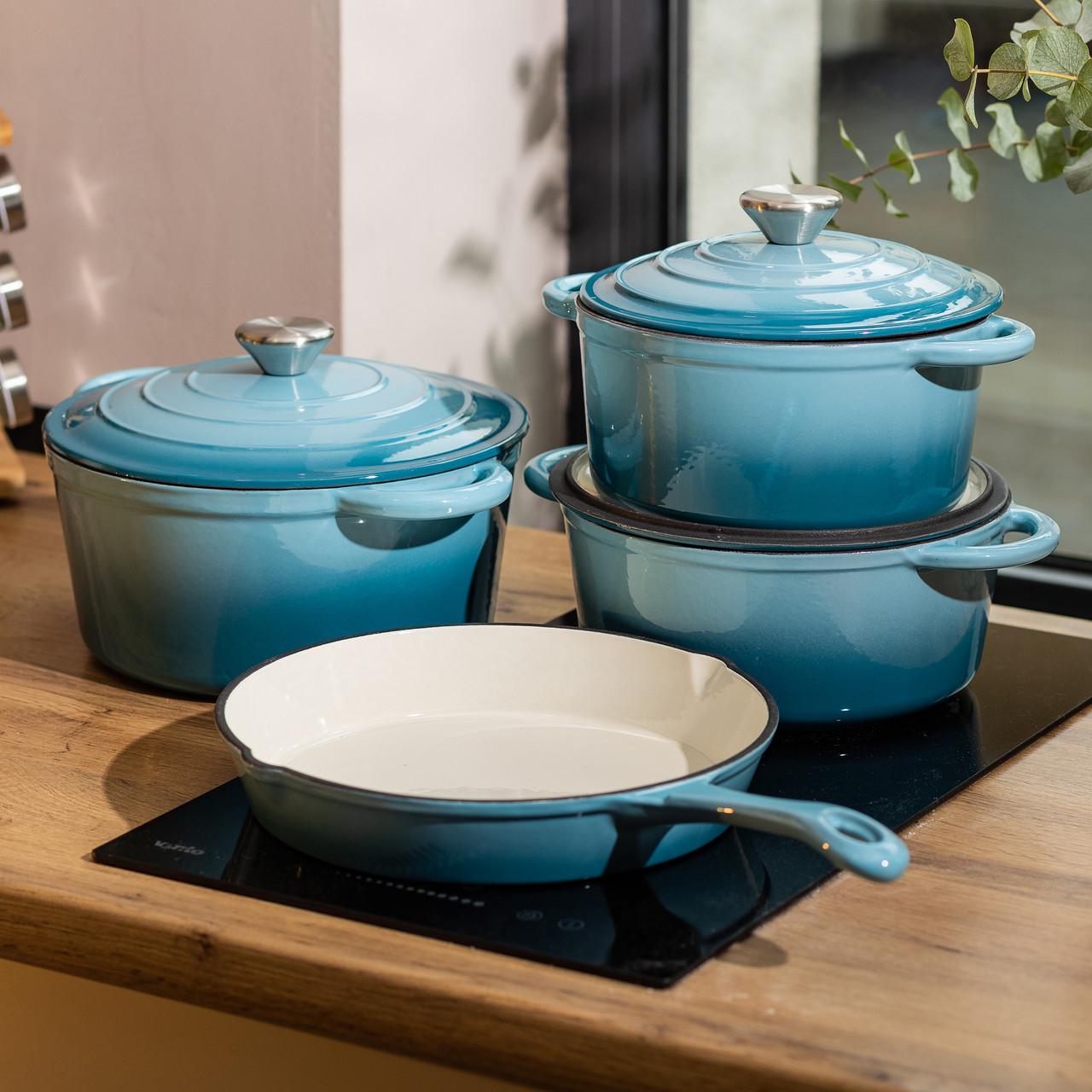 Набор чугунной посуды для приготовления с эмалированным покрытием сковорода/3 кастрюли Голубой (6821) - фото 8 Набор чугунной посуды для приготовления с эмалированным покрытием сковорода/3 кастрюли Голубой (6821) - фото 8