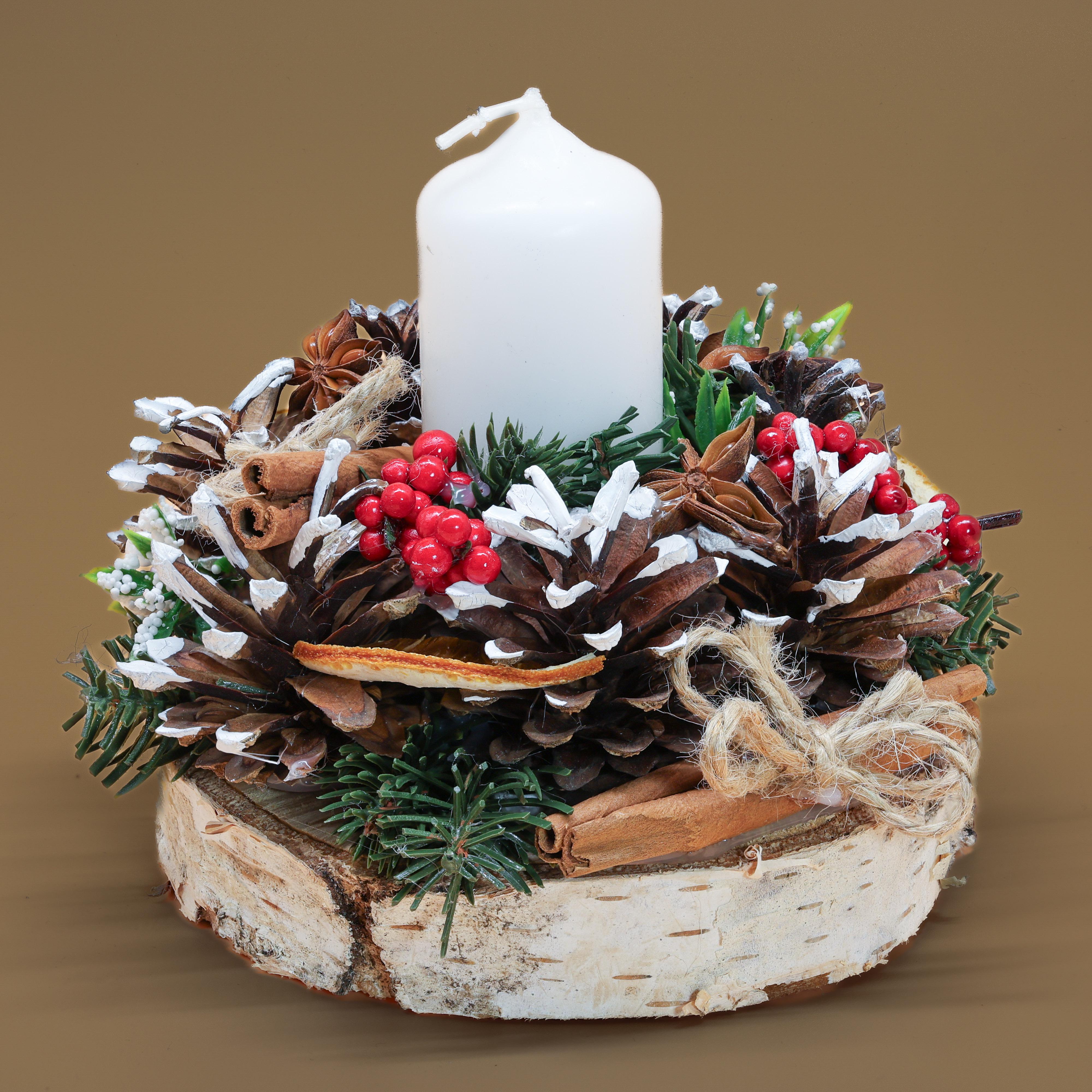 Новогодняя композиция GALA DECOR со свечой белой с шишками и украшениями на 9 основании 15 см (К1515) - фото 4 Новогодняя композиция GALA DECOR со свечой белой с шишками и украшениями на 9 основании 15 см (К1515) - фото 4