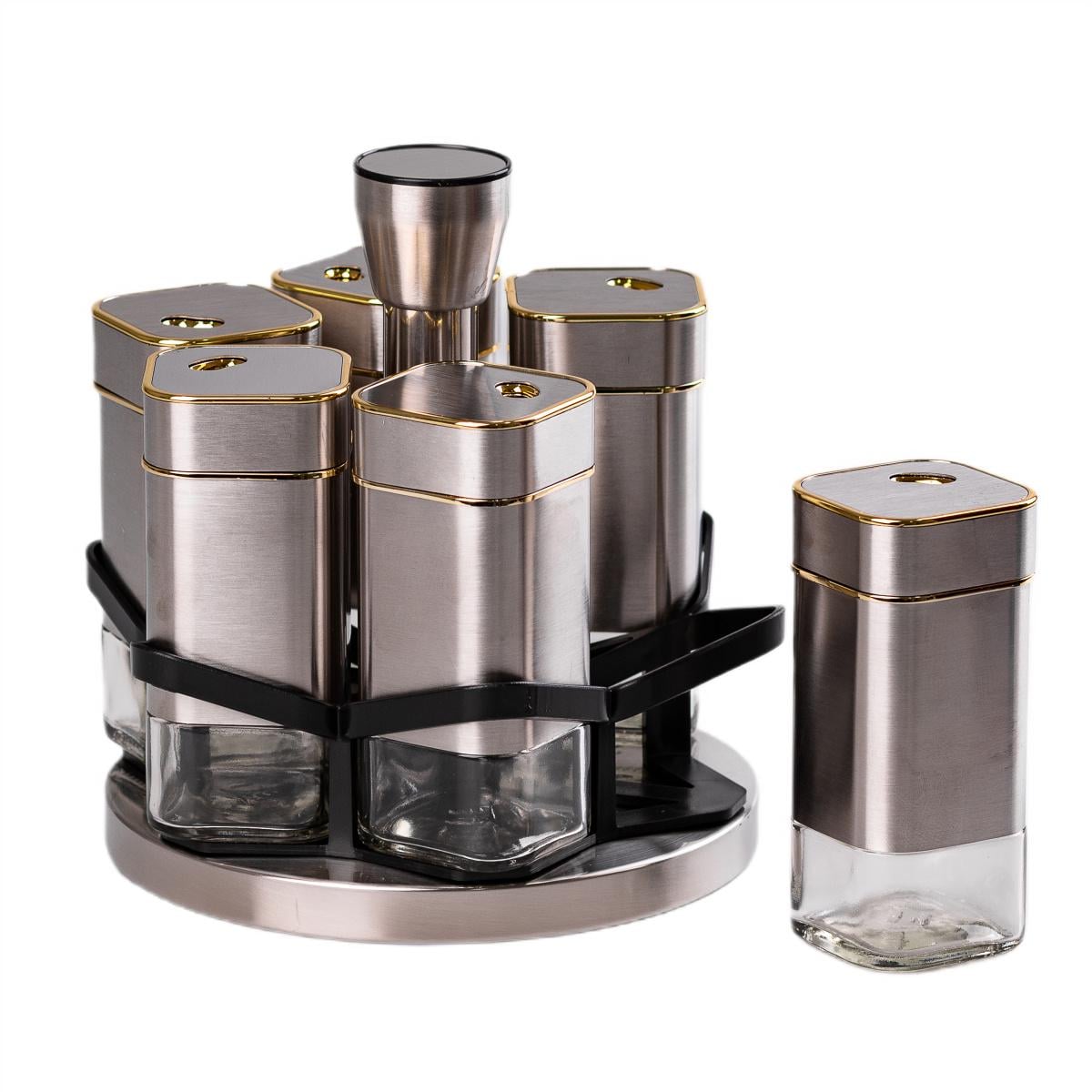 Набір ємностей для спецій на підставці 6 баночок по 120 мл Хром із золотим (HP531T1025J)
