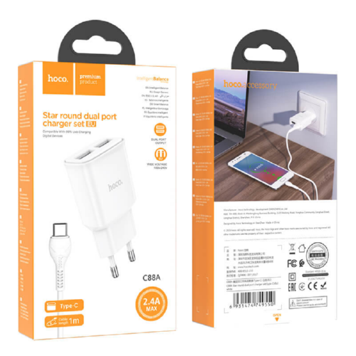 Адаптер сетевой HOCO Type-C C88A 2USB 2.4A white - фото 3