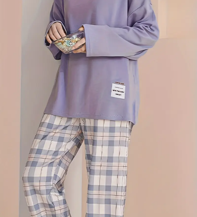 Піжама жіноча з довгим рукавом у клітинку для дому весна-осінь Лавандовий (1327/2)