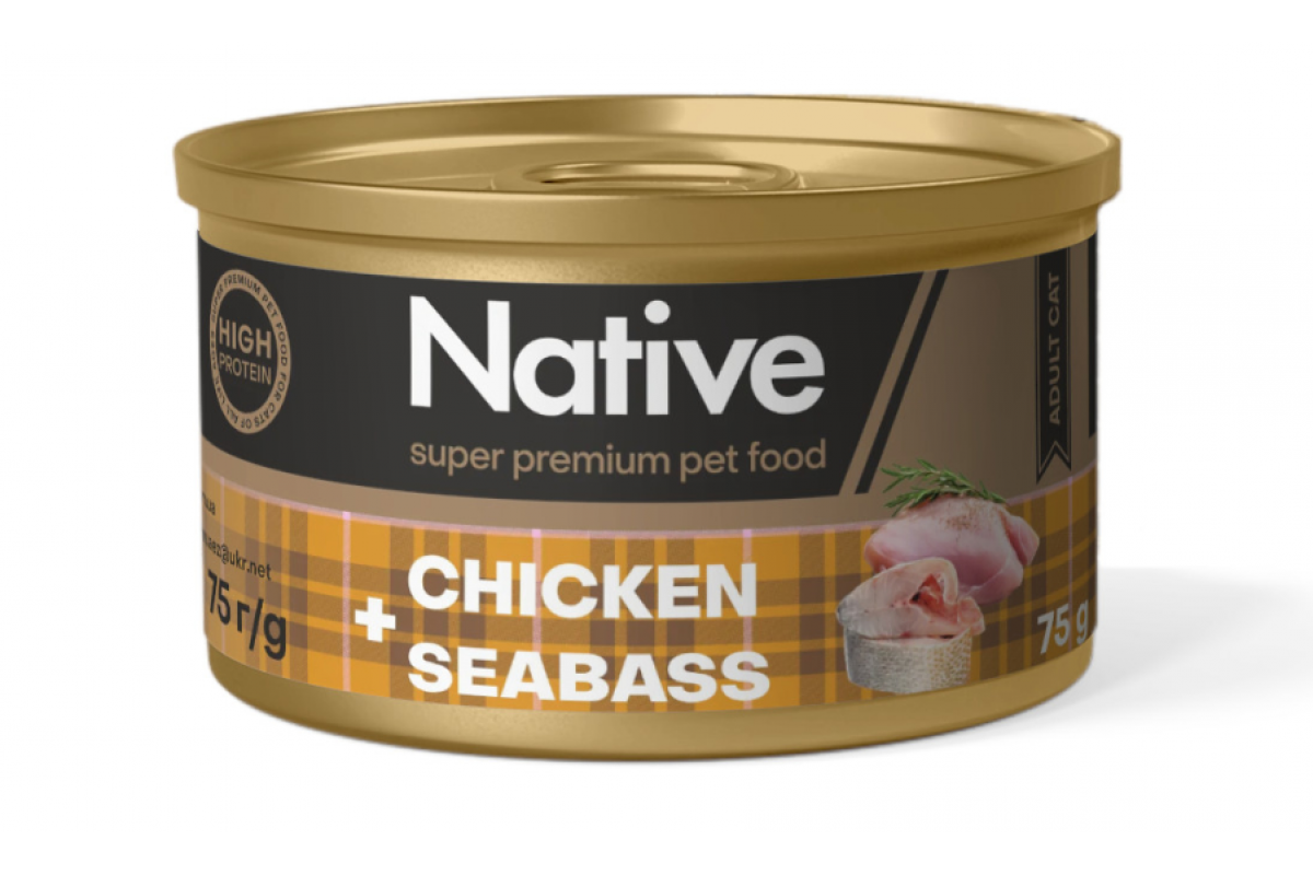 Корм для котів натуральний консервований NATIVE з куркою і морським окунем (2644182350)