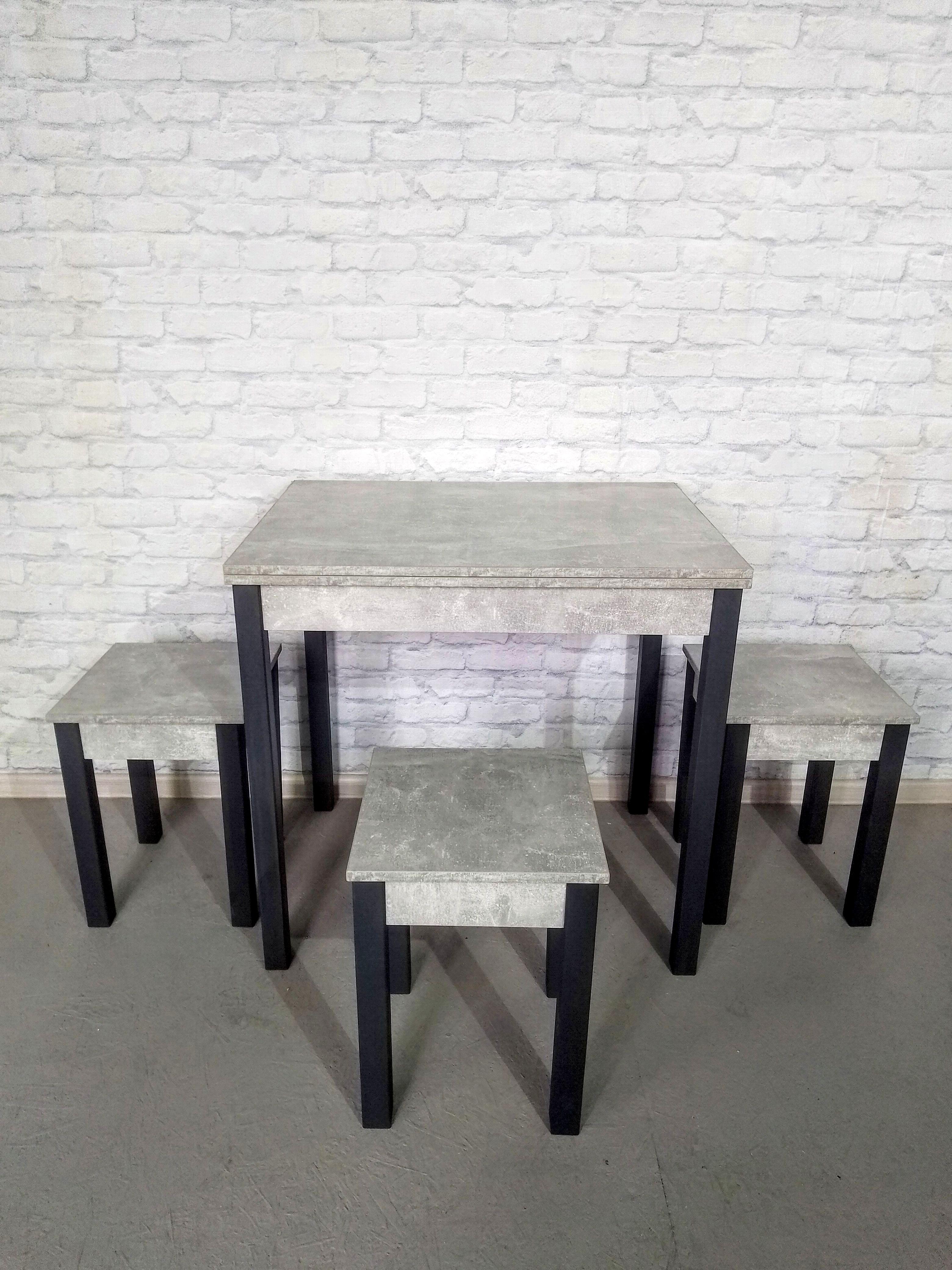 Обеденный стол раскладной и 4 табурета Вента ножки деревянные 80х60х75 см/34х34х45 см Бетон/Графитовый (0017) - фото 2 Обеденный стол раскладной и 4 табурета Вента ножки деревянные 80х60х75 см/34х34х45 см Бетон/Графитовый (0017) - фото 2