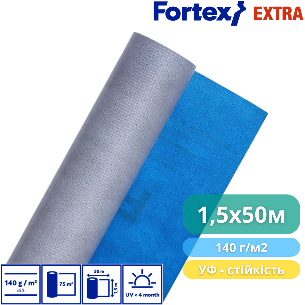 Мембрана дифузійна Fortex Extra 1,5x50 м 75 м2 140 г/м2 (390245) - фото 2 Мембрана дифузійна Fortex Extra 1,5x50 м 75 м2 140 г/м2 (390245) - фото 2