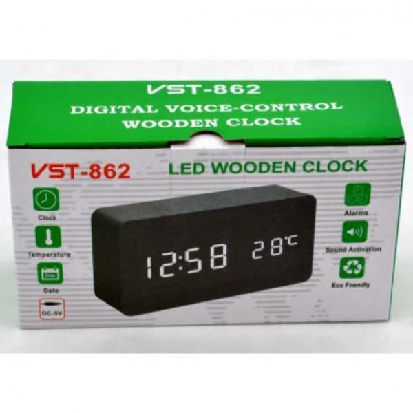 Часы LED сетевые Wooden Clock VST-862 Черный с зеленой подсветкой - фото 3