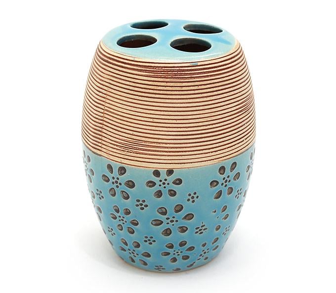 Стаканчик керамический с делениями для зубных щеток 10,5 см Бирюзовый с бежевым (853-132)