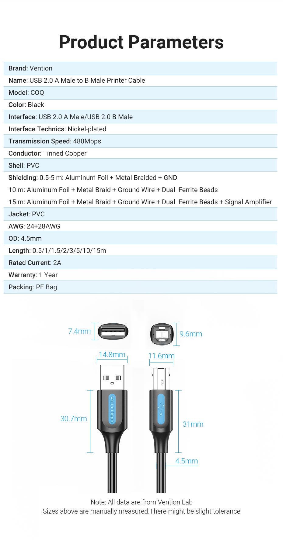 кабель екранований для принтера Vention USB 2.0 A-B 480 Мбіт/с нікельовані конектори 15 м Чорний (COQBN) - фото 9 кабель екранований для принтера Vention USB 2.0 A-B 480 Мбіт/с нікельовані конектори 15 м Чорний (COQBN) - фото 9