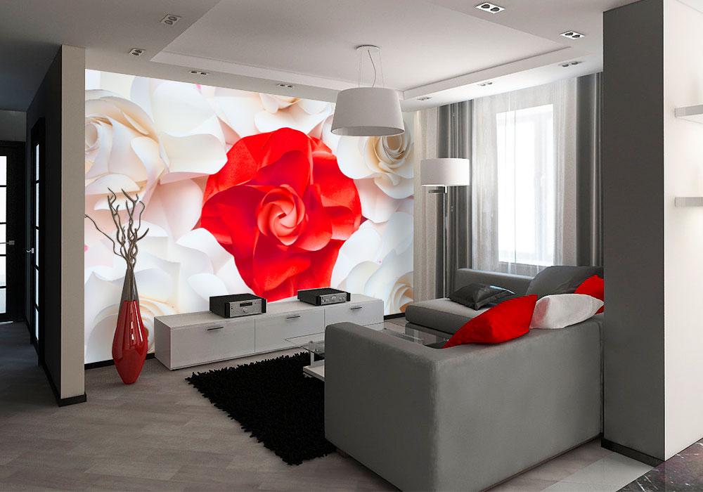 Фотообои 3D флизелиновые цветочные для спальни/зала/кухни Белые и красные розы Фотообои 3D флизелиновые цветочные для спальни/зала/кухни Белые и красные розы