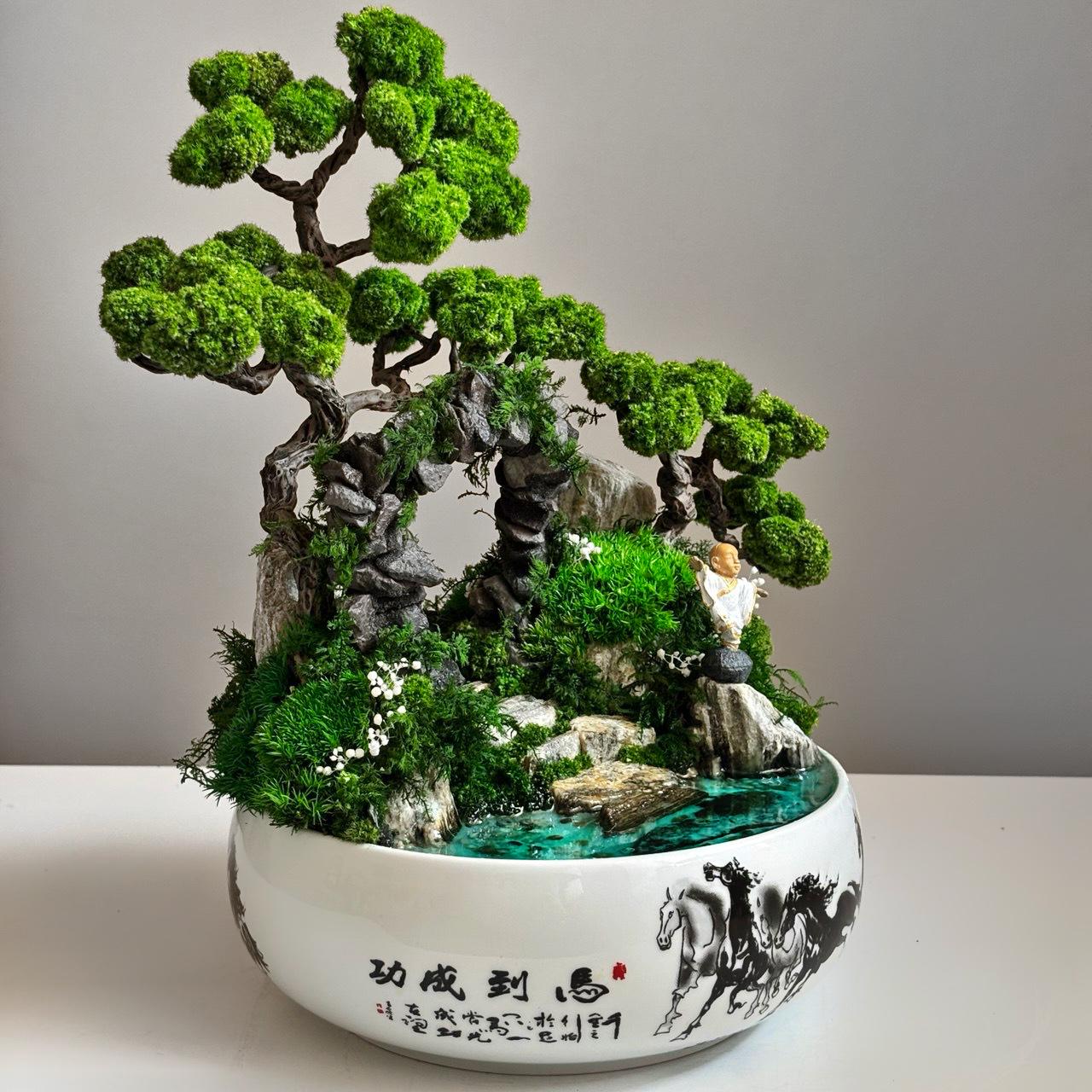 Бонсай зі стабілізованих рослин з Буддою та аркою 35х25 см