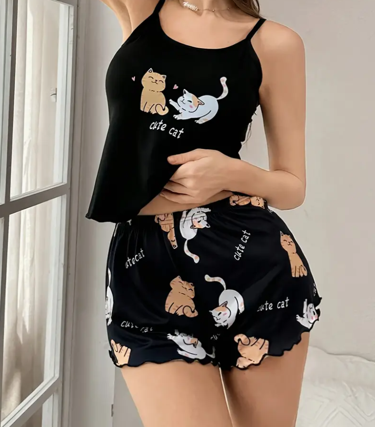 Пижама женская Котята майка/шорты L Черный (1308/3)