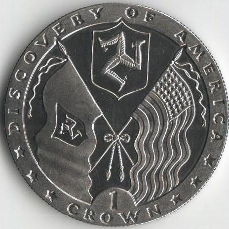 Коллекционная монета Остров Мэн 1 крона 1992 Открытие Америки Флаги UNC (KM#313)