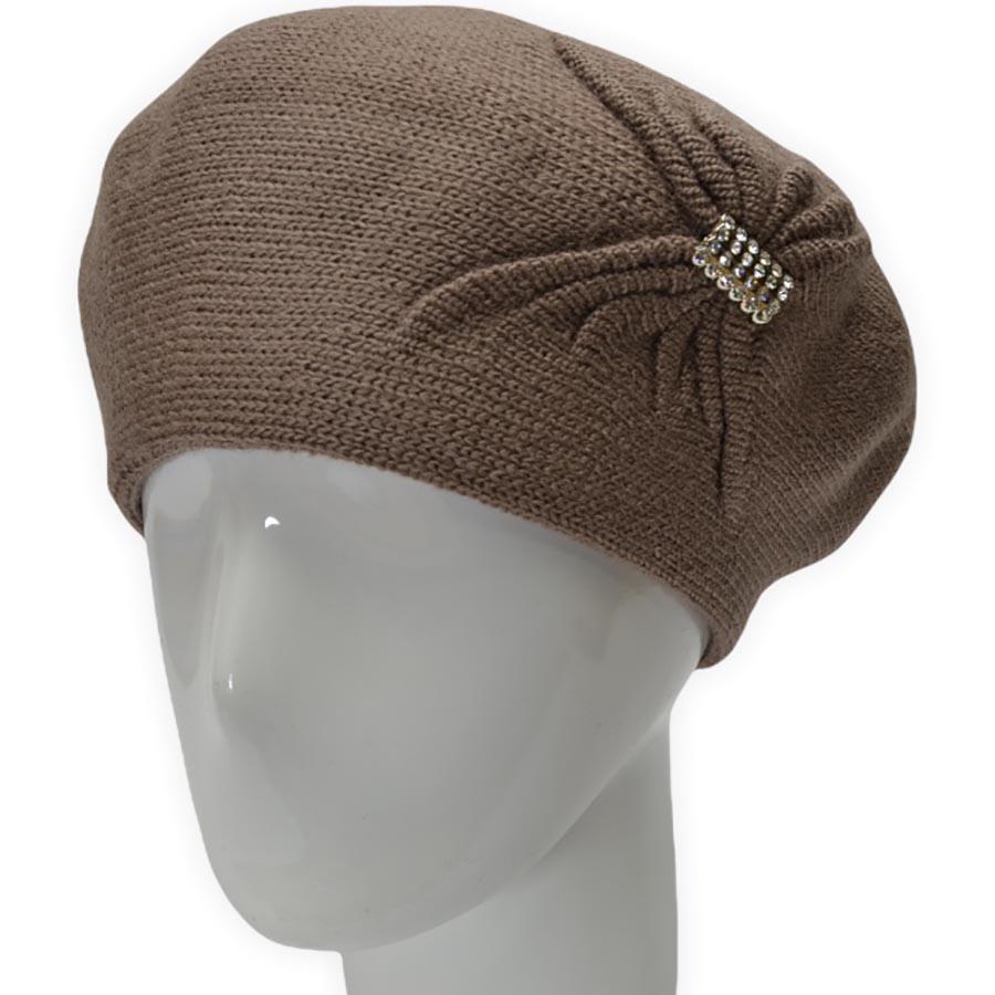 Берет женский Lirus Бонжур из шерсти двойной с узором сбоку и брошью Темно-пудровый