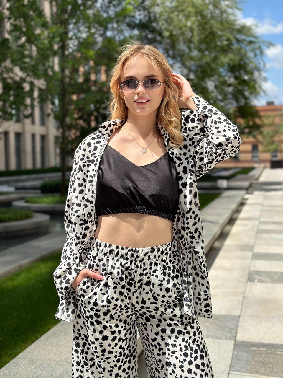 Костюм женский софт рубашка и брюки пятнистый узор 3XL Черно-белый (2656570184) - фото 8