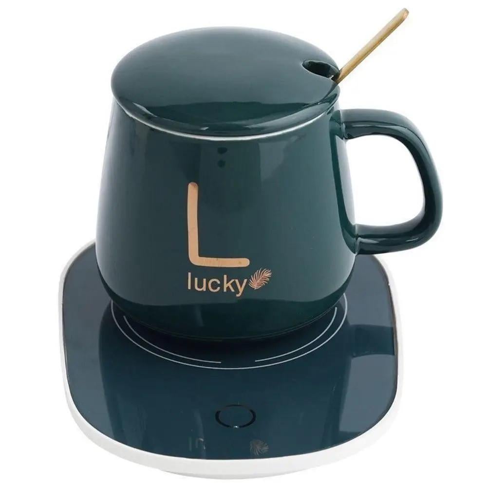 Чашка керамическая Lucky на платформе с подогревом/крышкой и ложкой 380 мл Green (3_05627)