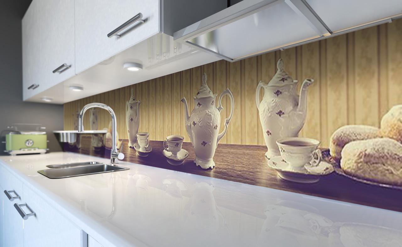 Кухонний фартух Чай із булочками з самоклеючої вінілової плівки 60х300 см Бежевий