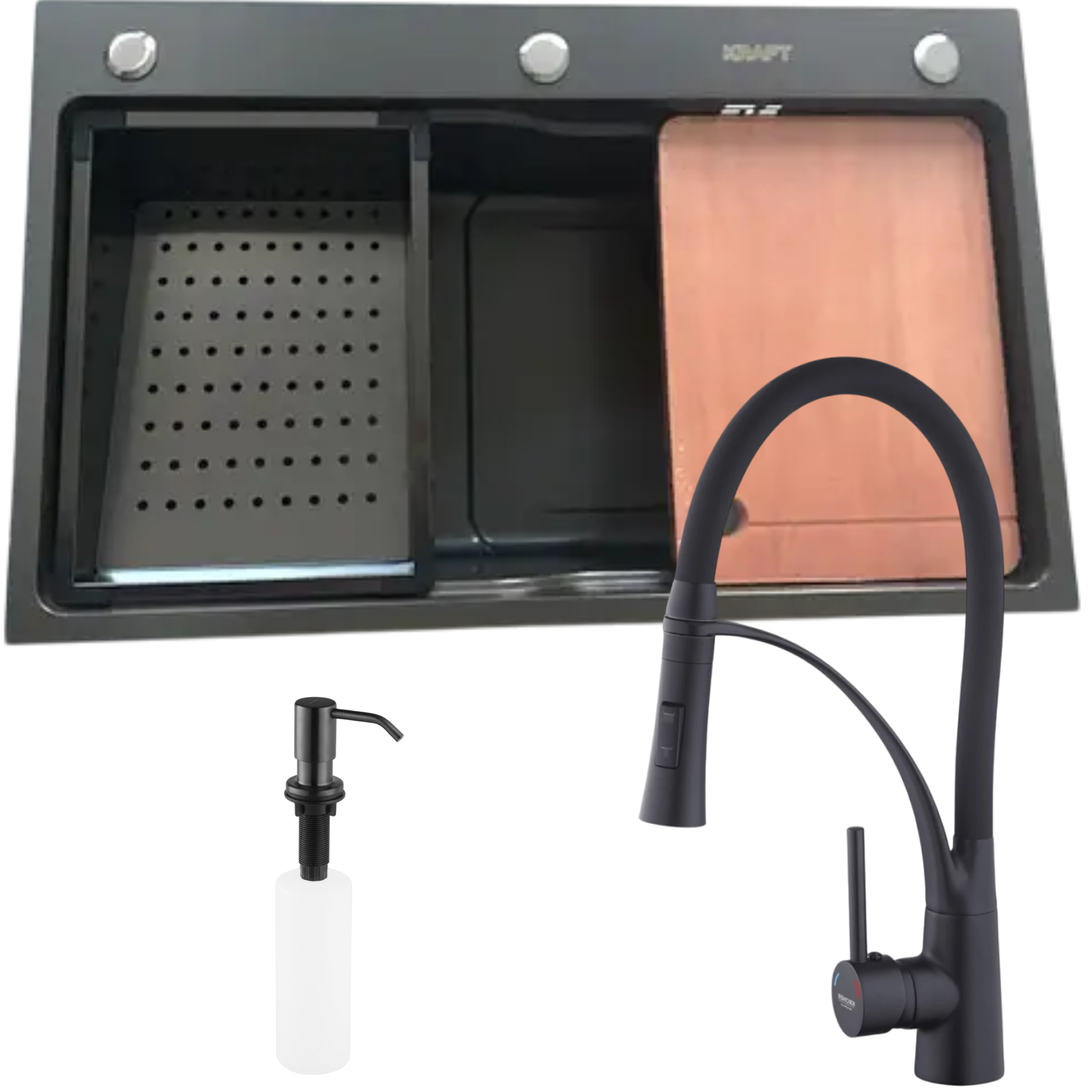 Комплект кухонной мойки Kraft HM NANO Black 75x46 см (37962)