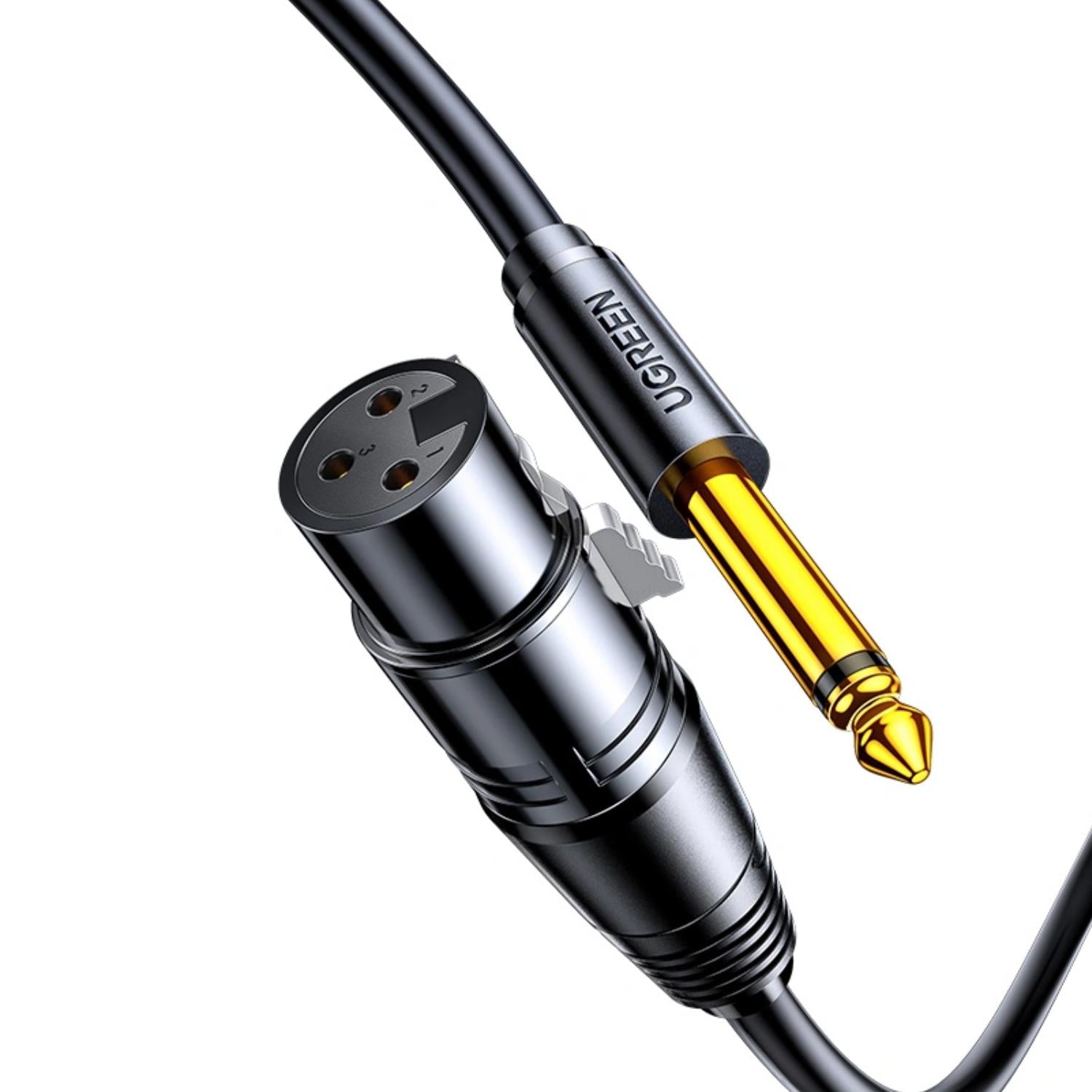 Микрофонный кабель Jack 6,35 мм на XLR UGREEN AV131 2 м TS M на XLR F небалансный моносигнал без фантомного питания сетчатый экран Черный (20719)