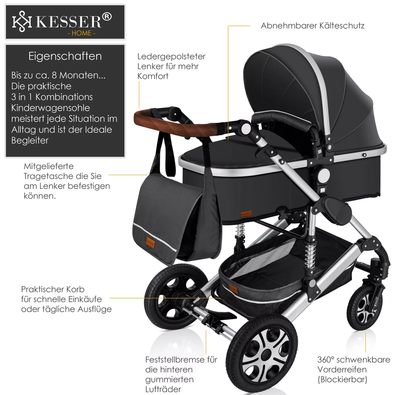 Коляска дитяча з автокріслом KESSER 3в1 94x64x119 см Темно-сірий/Срібний - фото 2