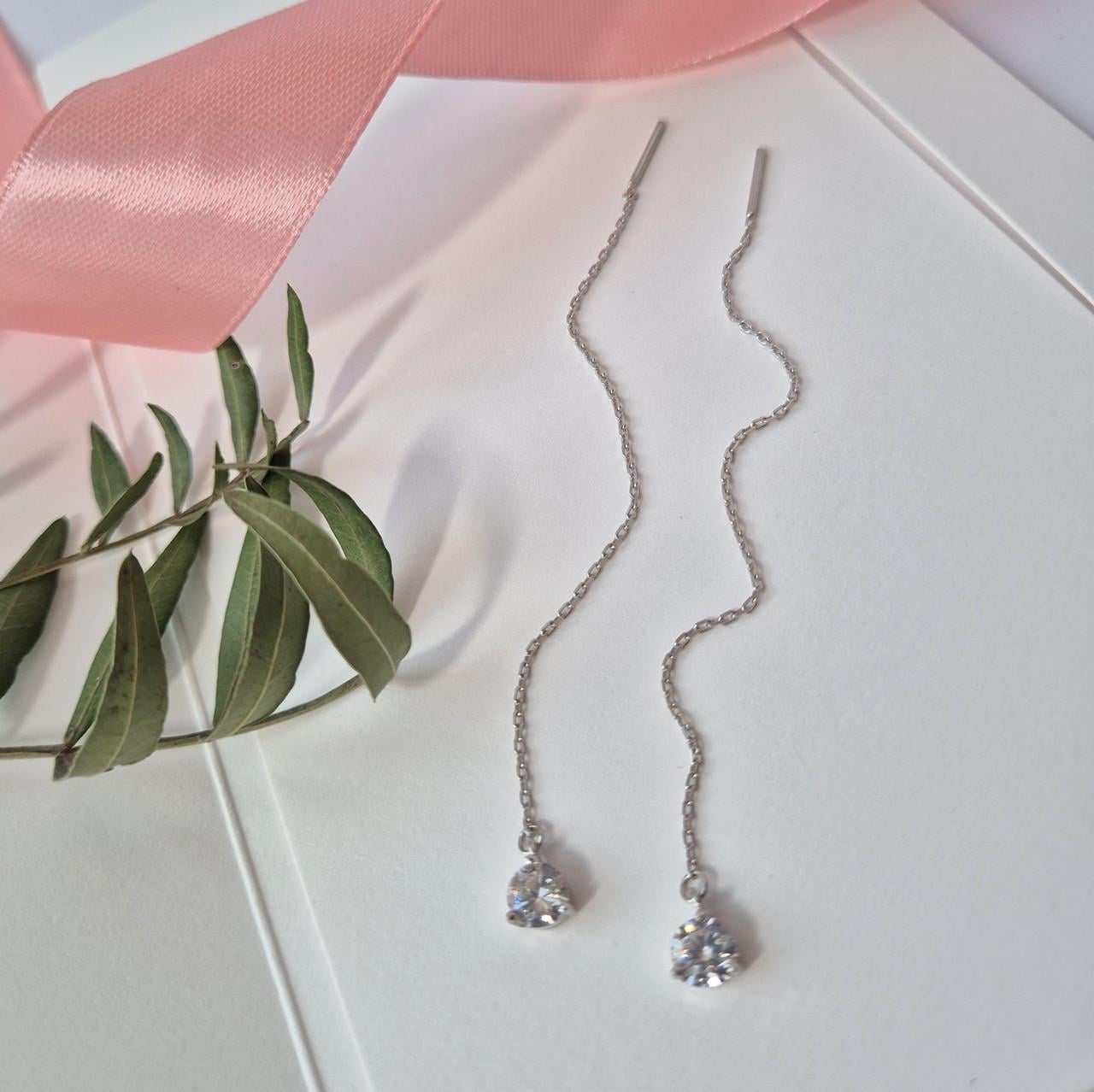 Серебряные серьги цепочки и протяжки с камнем 4 мм серебро 925 пробы родованное 1,45 г Белый (вс350р)