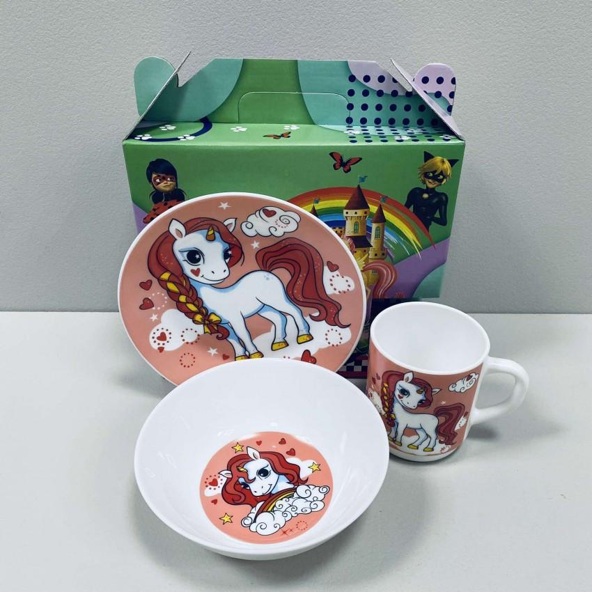 Набор детской посуды Единорог из стеклокерамики 3 пр. Розовый (3535-8)