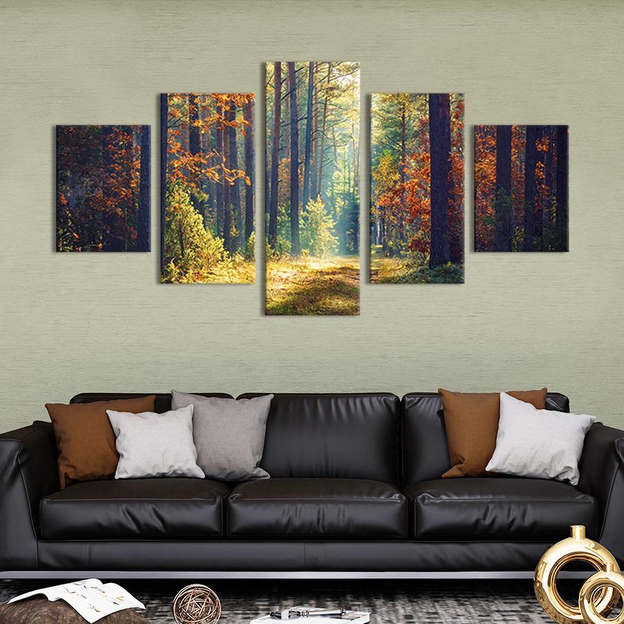Модульная картина из 5 частей на холсте интерьерная картина Осенний солнечный лес 162x80 см (615-52)