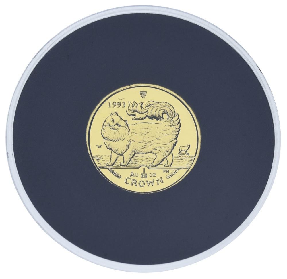Коллекционная монета Остров Мэн 1 крона 1993/2008 золото Proof Кот Мейн-кун 1/20 унции